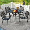 Set of 2 patio dining chairs with curved armrests, reinforced steel frame, and stackable design for outdoor use.