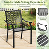 Set of 2 patio dining chairs with curved armrests, high backrest, and breathable slatted seats for outdoor comfort.
