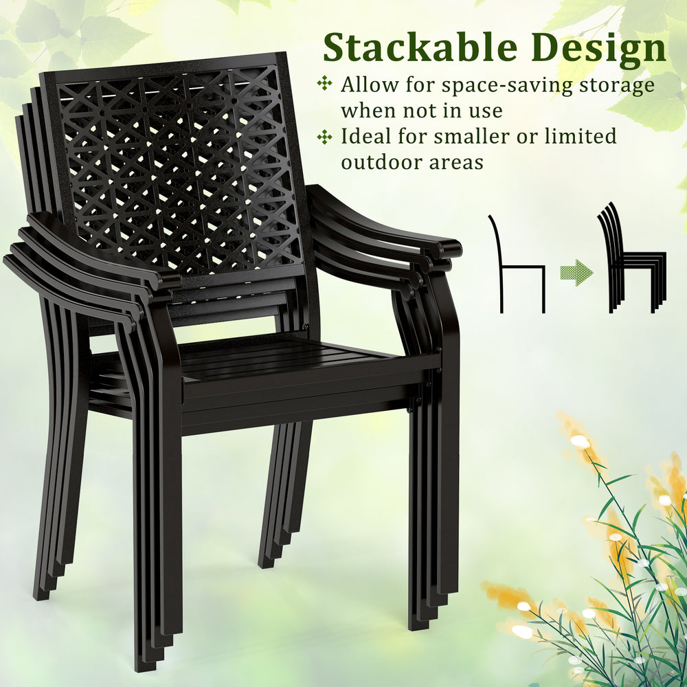 Stackable patio dining chair with curved armrests, reinforced steel frame, ideal for limited outdoor spaces.