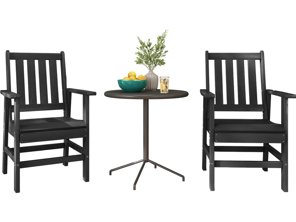 Set of 2 black patio dining chairs with wide armrests and slatted seats, perfect for outdoor relaxation.