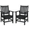 Set of 2 black patio dining chairs with wide armrests, constructed from HDPE for durability and comfort in outdoor.