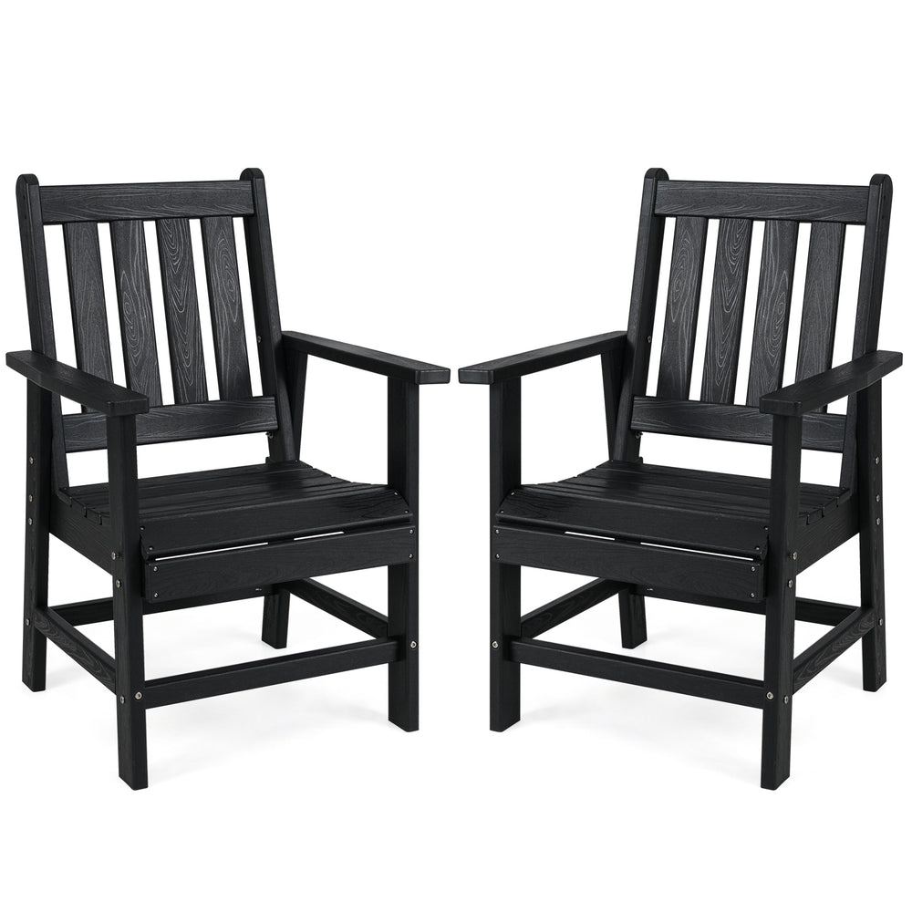 Set of 2 black patio dining chairs with wide armrests, constructed from HDPE for durability and comfort in outdoor.