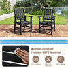 Set of 2 black patio dining chairs with wide armrests, made from weather-resistant HDPE material for outdoor use.