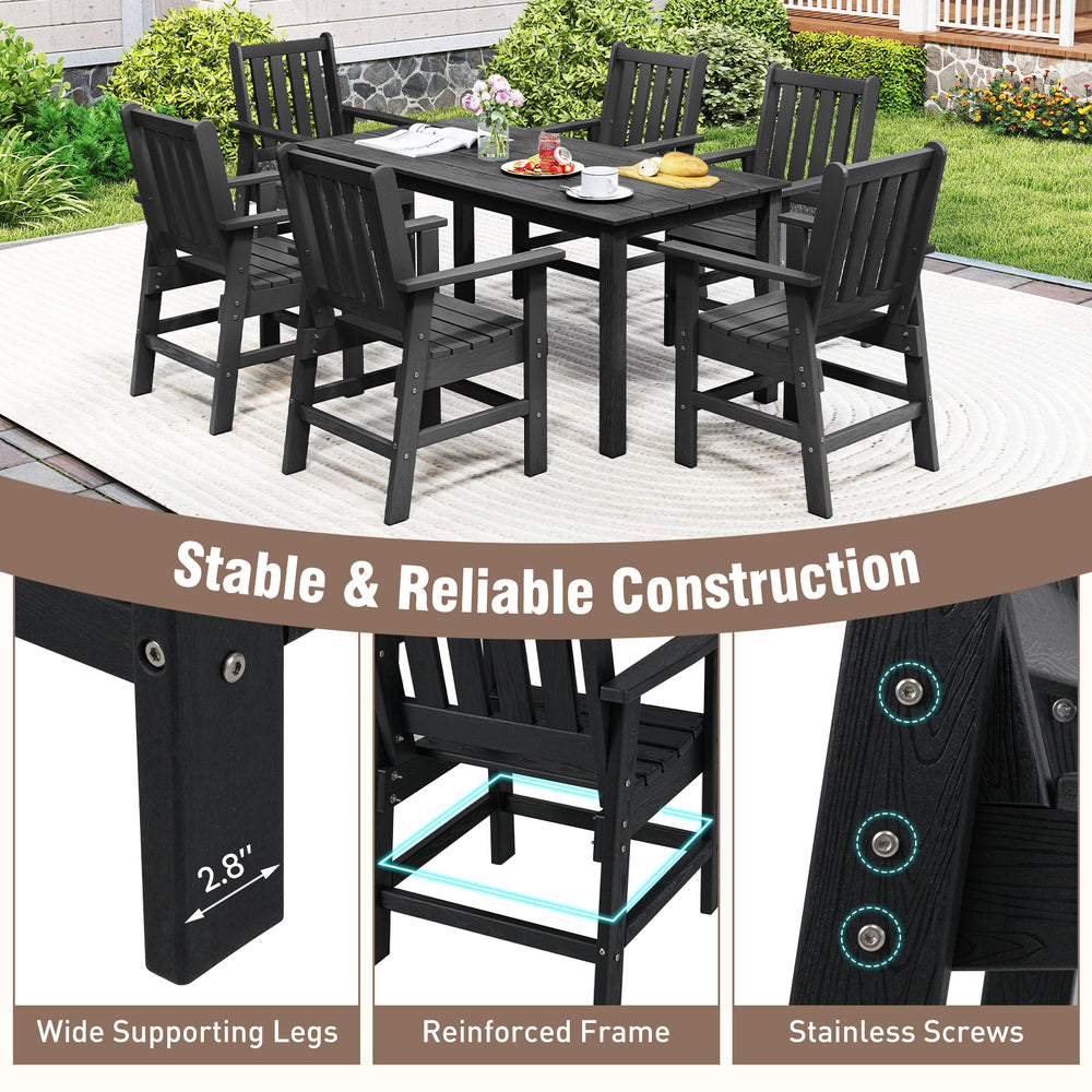 Set of 2 black patio dining chairs with wide armrests, made of HDPE, featuring a reinforced frame and slatted seat.