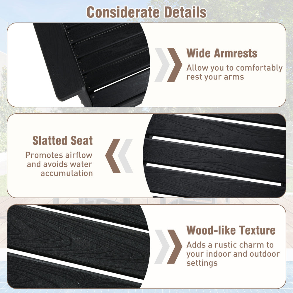 Wide armrests and slatted seat of black HDPE patio dining chairs, promoting comfort and airflow for outdoor relaxation.