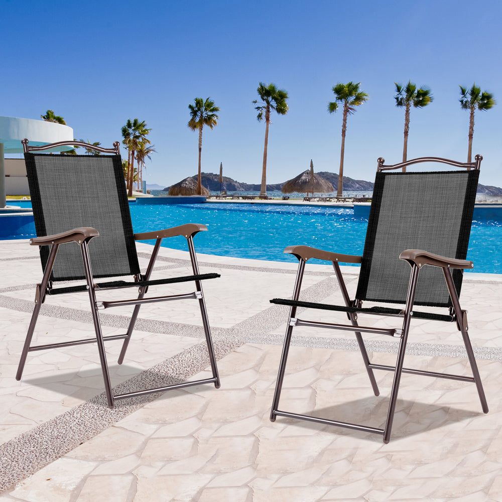 Set of 2 Patio Folding Sling Back Camping Deck Chairs-Black - Gallery View 1 of 10