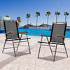 Set of 2 brown patio folding sling back chairs by the pool, featuring a durable steel frame and UV-resistant fabric.