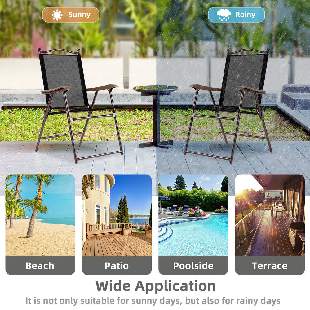Folding sling back chair in brown with steel frame, perfect for patio, poolside, or camping relaxation.