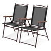 Set of 2 brown patio folding sling back chairs with steel frame, perfect for outdoor relaxation and camping trips.