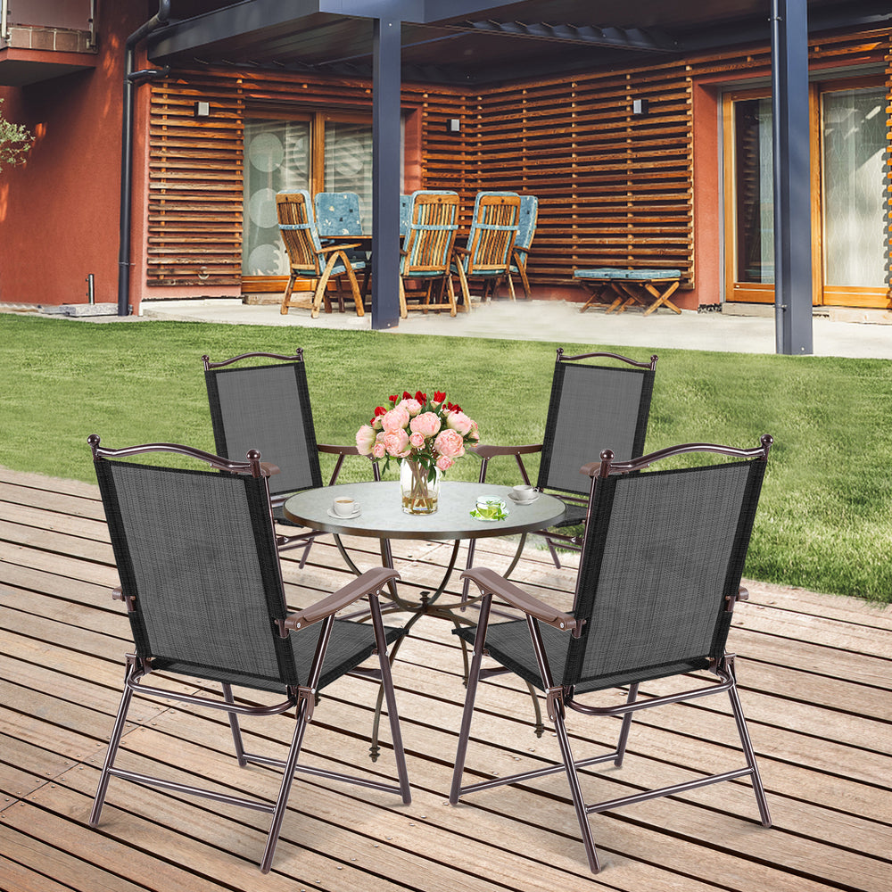Set of 2 brown folding sling back chairs with a durable steel frame, perfect for outdoor relaxation and camping.