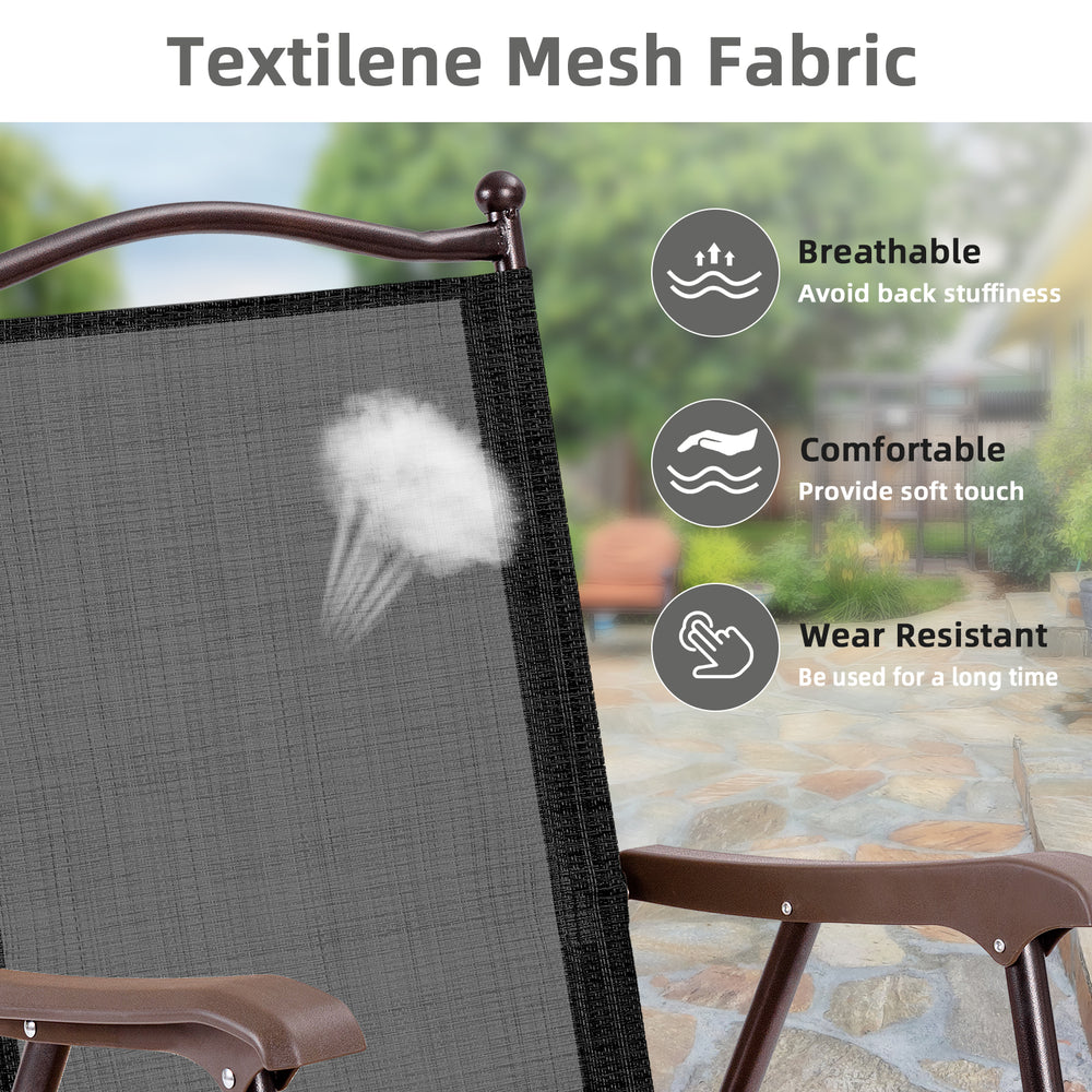 Close-up of Textilene mesh fabric on a brown folding patio chair, showcasing its breathable and durable design for.