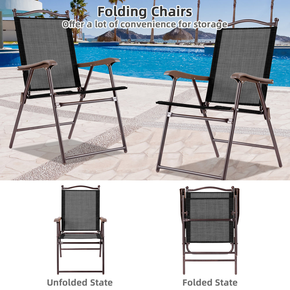 Set of 2 brown patio folding chairs in unfolded and folded states, made of durable steel and textile fabric for outdoor.