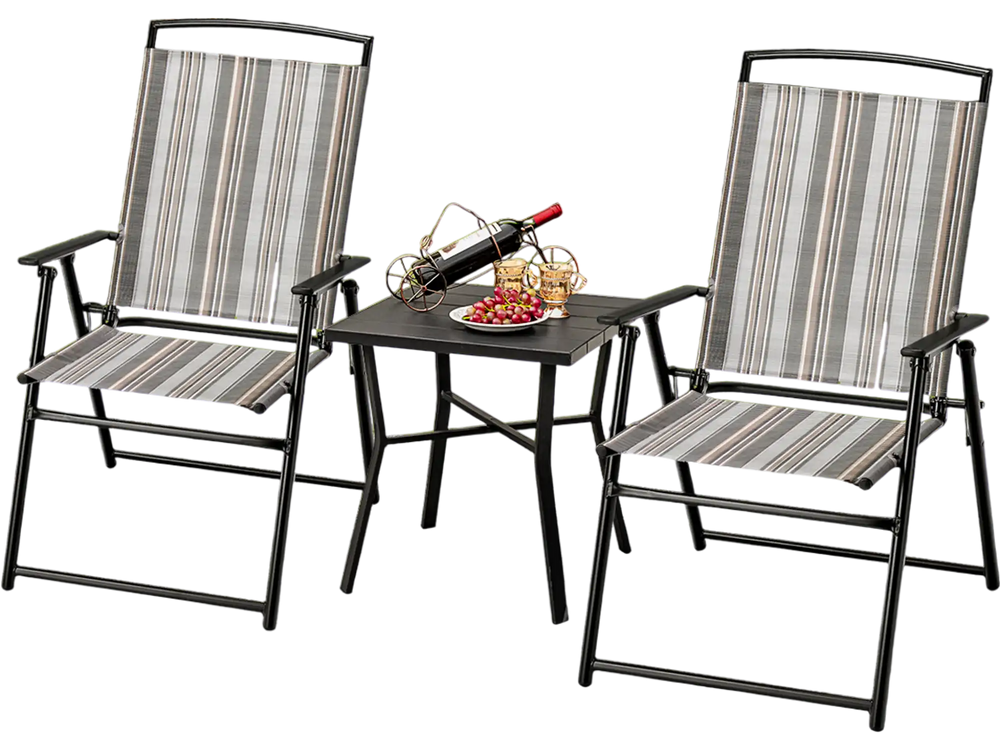 Set of 2 gray patio folding sling chairs with a small table, perfect for outdoor dining and relaxation.