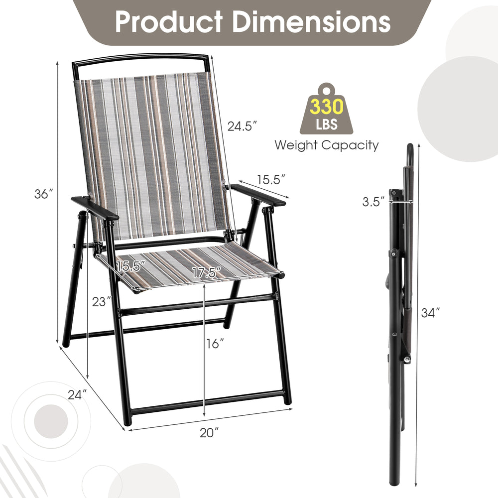 Patio folding sling chair dimensions with gray fabric, 330 lbs capacity, and space-saving design for outdoor use.