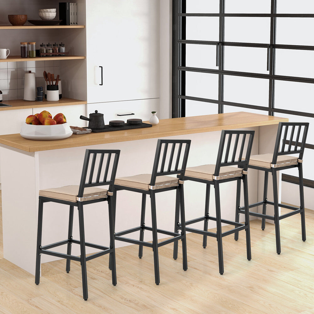 Set of 2 patio bar chairs with detachable cushions, featuring a stylish industrial design for indoor and outdoor use.