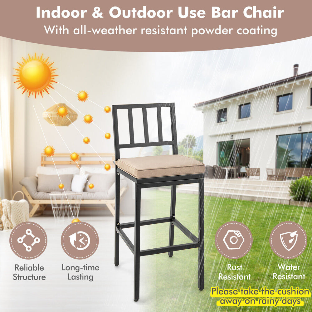 Patio bar chair with detachable cushion, heavy-duty metal frame, and footrest for indoor and outdoor use.