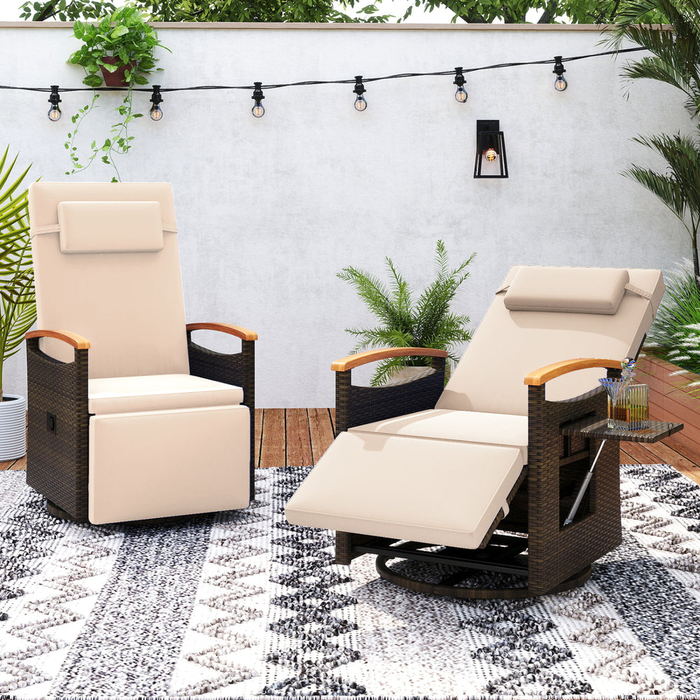 Set of 2 Patio Rattan 360° Swivel Recliner Chair with Adjustable Backrest and Footrest-Beige - Gallery View 1 of 9