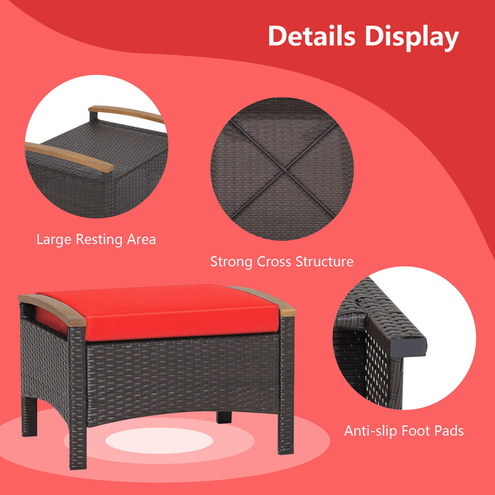 Red cushion wicker patio ottoman with sturdy PE wicker, rustproof frame, and anti-slip foot pads for outdoor use.