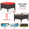 Wicker patio ottoman with removable red cushion, sturdy PE wicker, and acacia wood handles for versatile outdoor use.