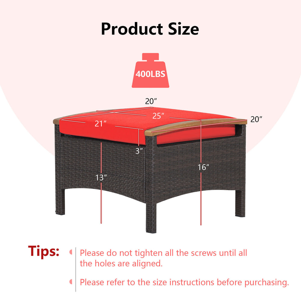 Red cushion wicker patio ottoman with acacia wood handles, fade-resistant PE wicker, and 400 lbs capacity for outdoor.