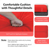Close-up of a red cushion on a wicker patio ottoman, featuring a zipper design for easy cleaning and upgraded comfort.