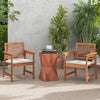 Set of 2 solid wood patio dining chairs with cushions, featuring slatted seats, ideal for backyard or balcony use.