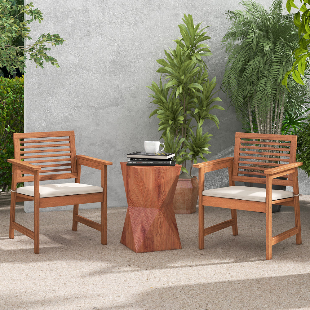 Set of 2 solid wood patio dining chairs with cushions, featuring slatted seats, ideal for backyard or balcony use.