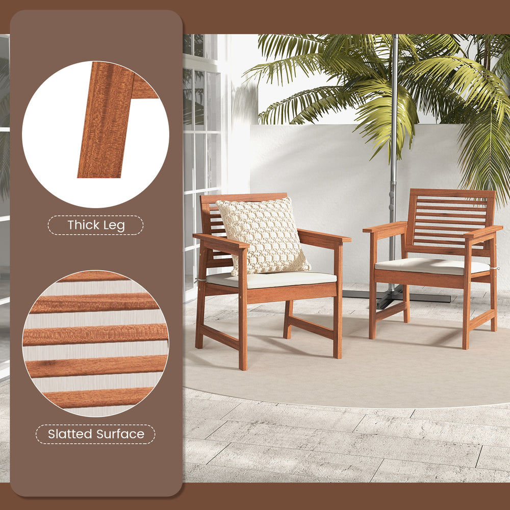 Set of 2 patio solid wood dining chairs with slatted seats and cushions, perfect for backyard or poolside relaxation.