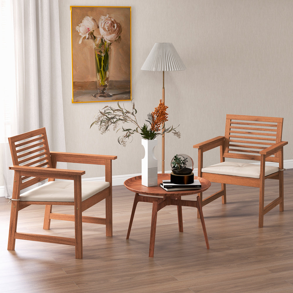 Set of 2 solid wood dining chairs with cushions, featuring a slatted seat, perfect for backyard or balcony use.