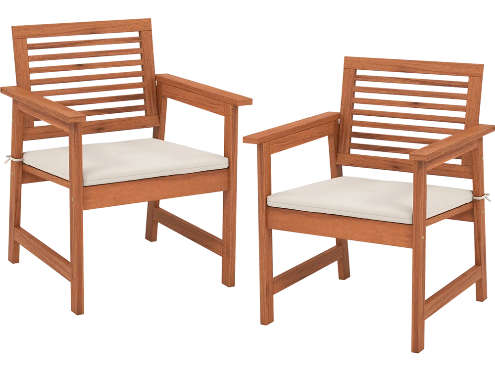 Set of 2 Patio Solid Wood Dining Chairs with Cushions and Slatted Seat