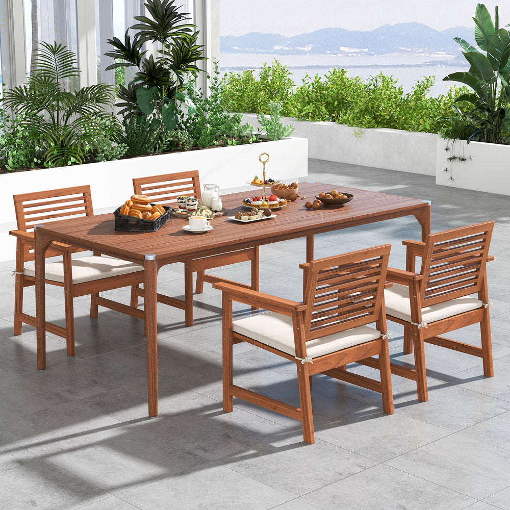 Set of 2 solid wood dining chairs with cushions, featuring slatted seats, perfect for outdoor patio dining.