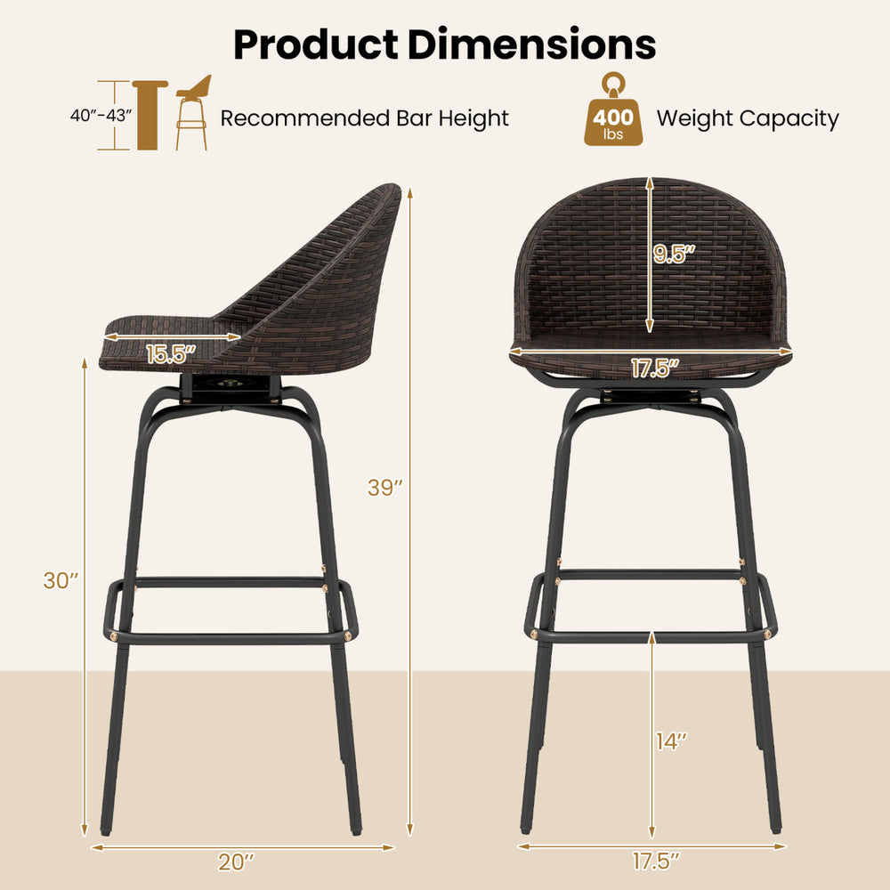 Patio swivel bar stool set features a brown rattan seat, 30-inch height, and 400 lbs weight capacity for outdoor use.
