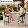Set of 2 brown patio swivel bar stools with hand-woven PE rattan seats, ideal for outdoor garden or balcony use.