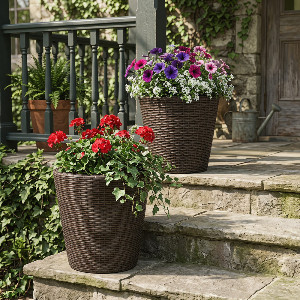 Set of 2 brown plastic tapered rattan planters with drainage holes, perfect for indoor and outdoor floral displays.