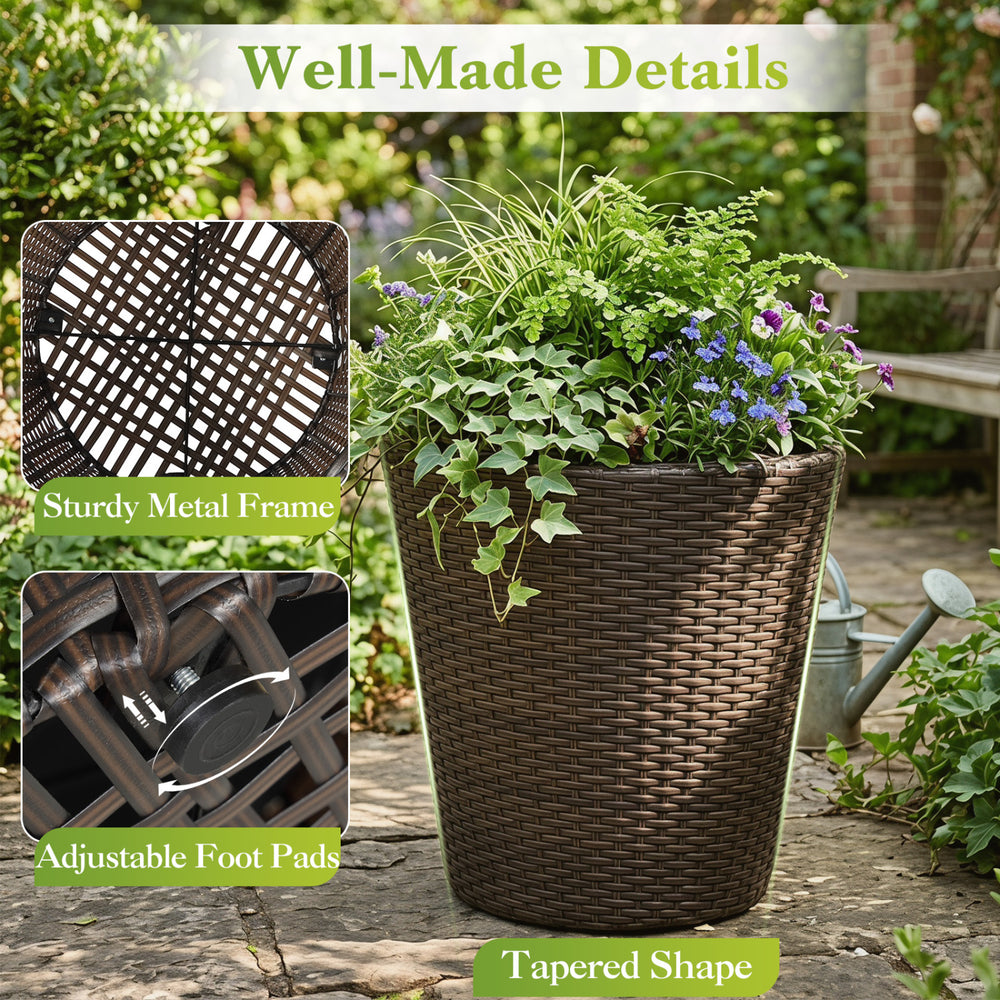 Tall and small brown tapered rattan planters with drainage holes, adjustable foot pads, and sturdy metal frame for indoor or outdoor use.