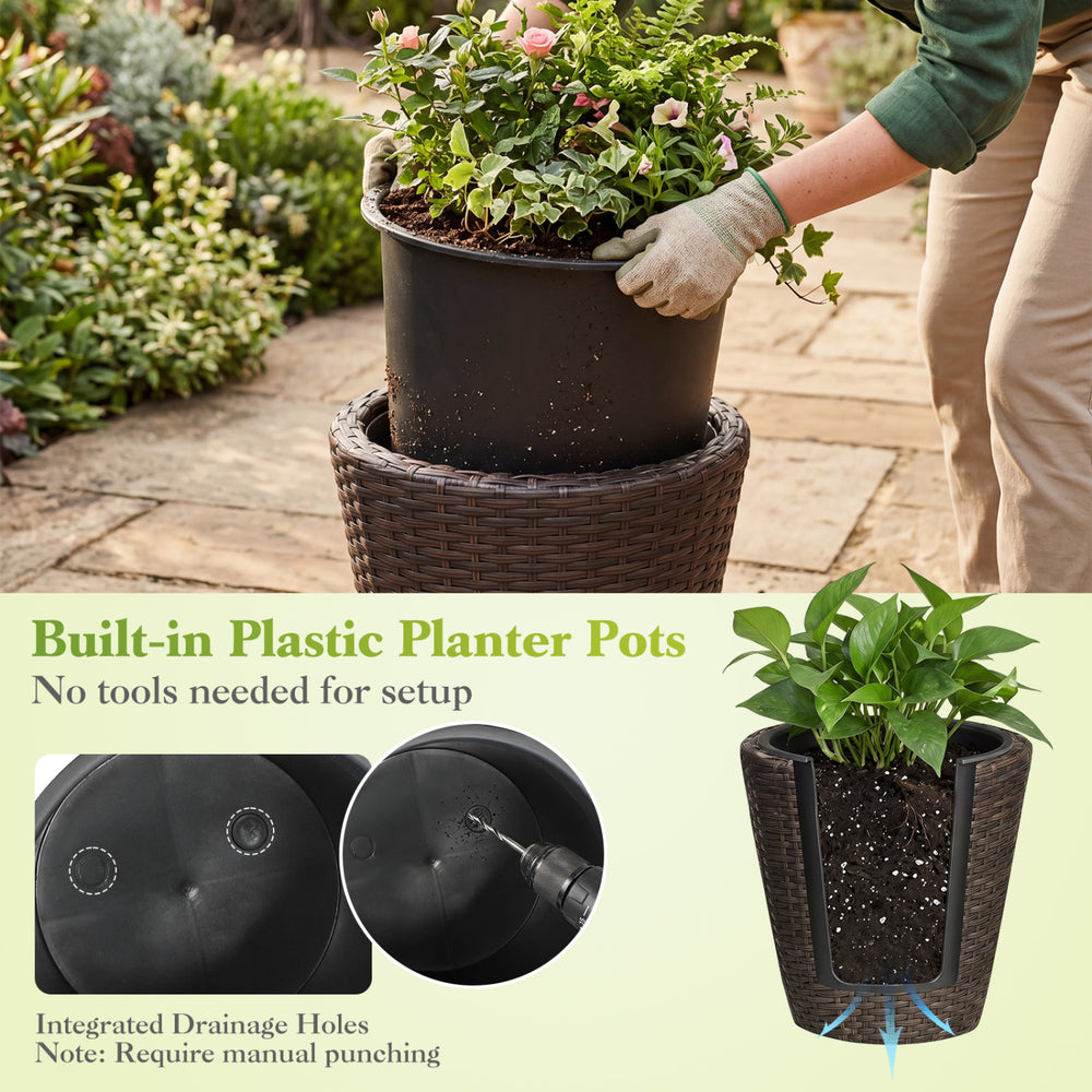 Set of 2 brown plastic tapered rattan planters with drainage holes, ideal for indoor and outdoor use.