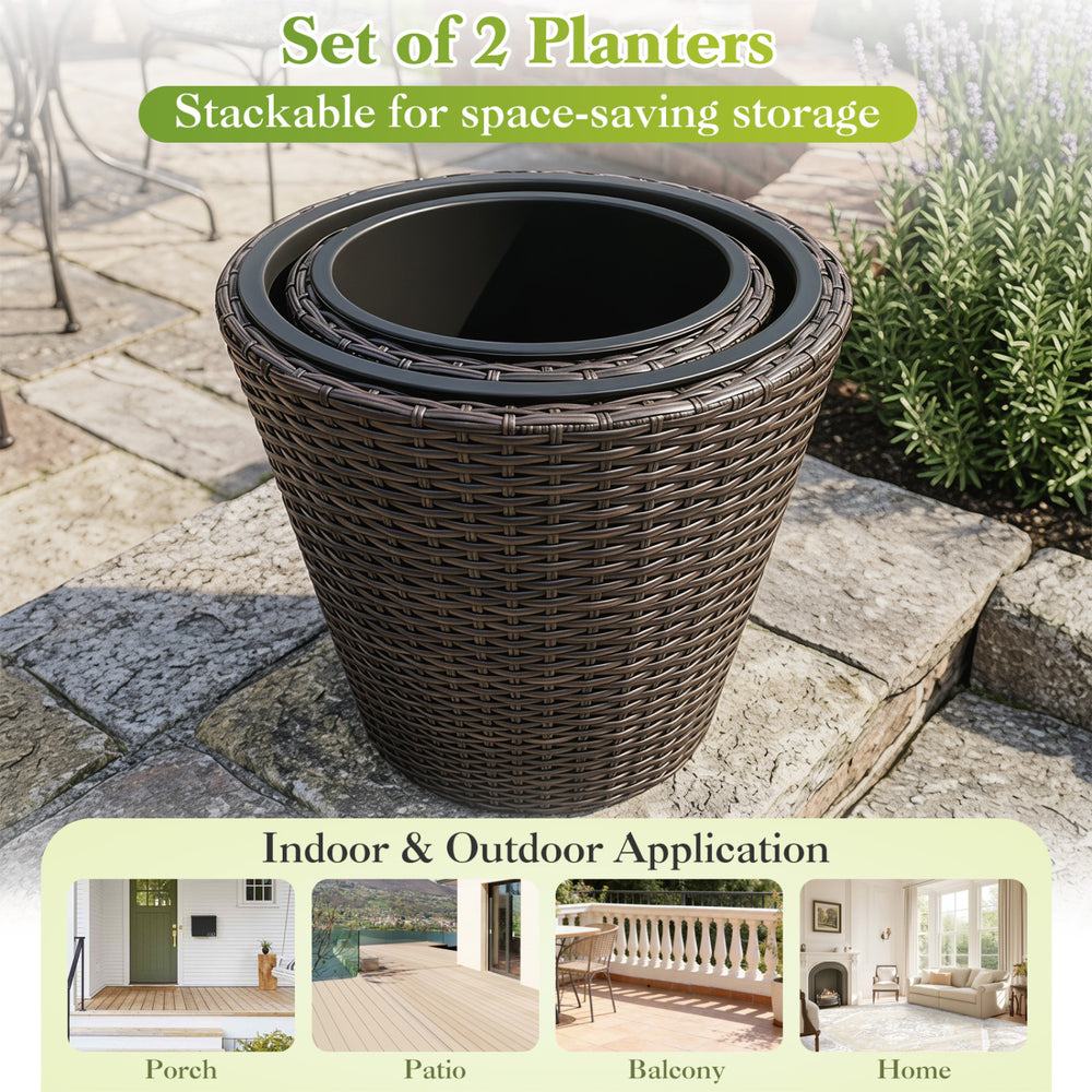 Set of 2 brown plastic tapered rattan planters with drainage holes, stackable for convenient indoor and outdoor use.