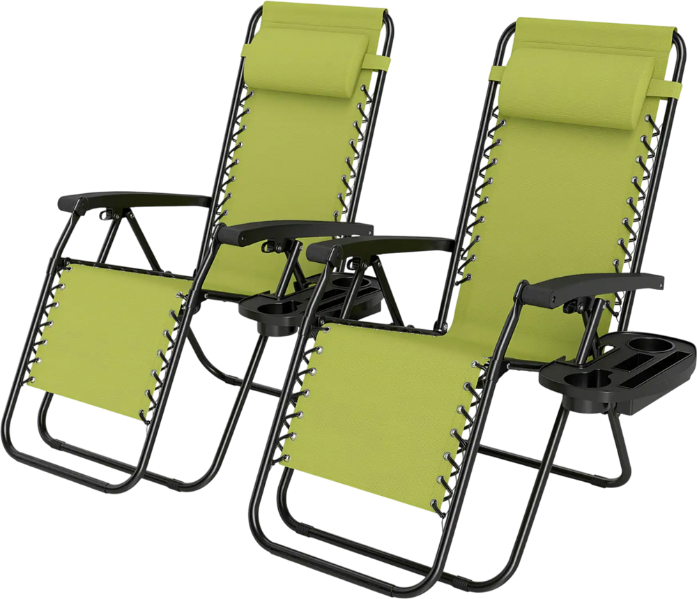 Set of 2 portable zero gravity chairs in gray with adjustable backrests and cup holder trays for outdoor relaxation.