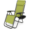 Portable zero gravity chair in green with adjustable backrest and cup holder tray for outdoor relaxation.