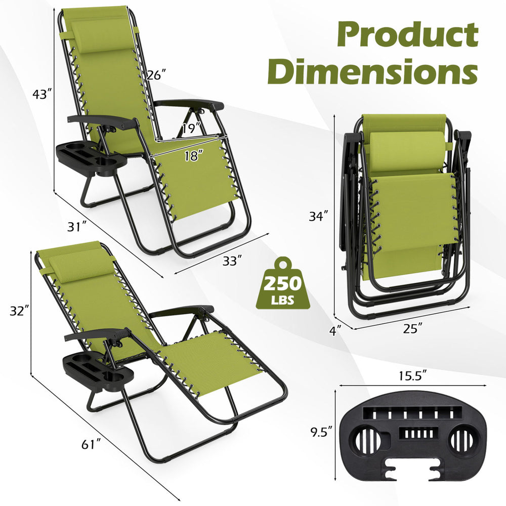Portable zero gravity chair set with cup holder trays, adjustable pillow, and folding design for easy transport.