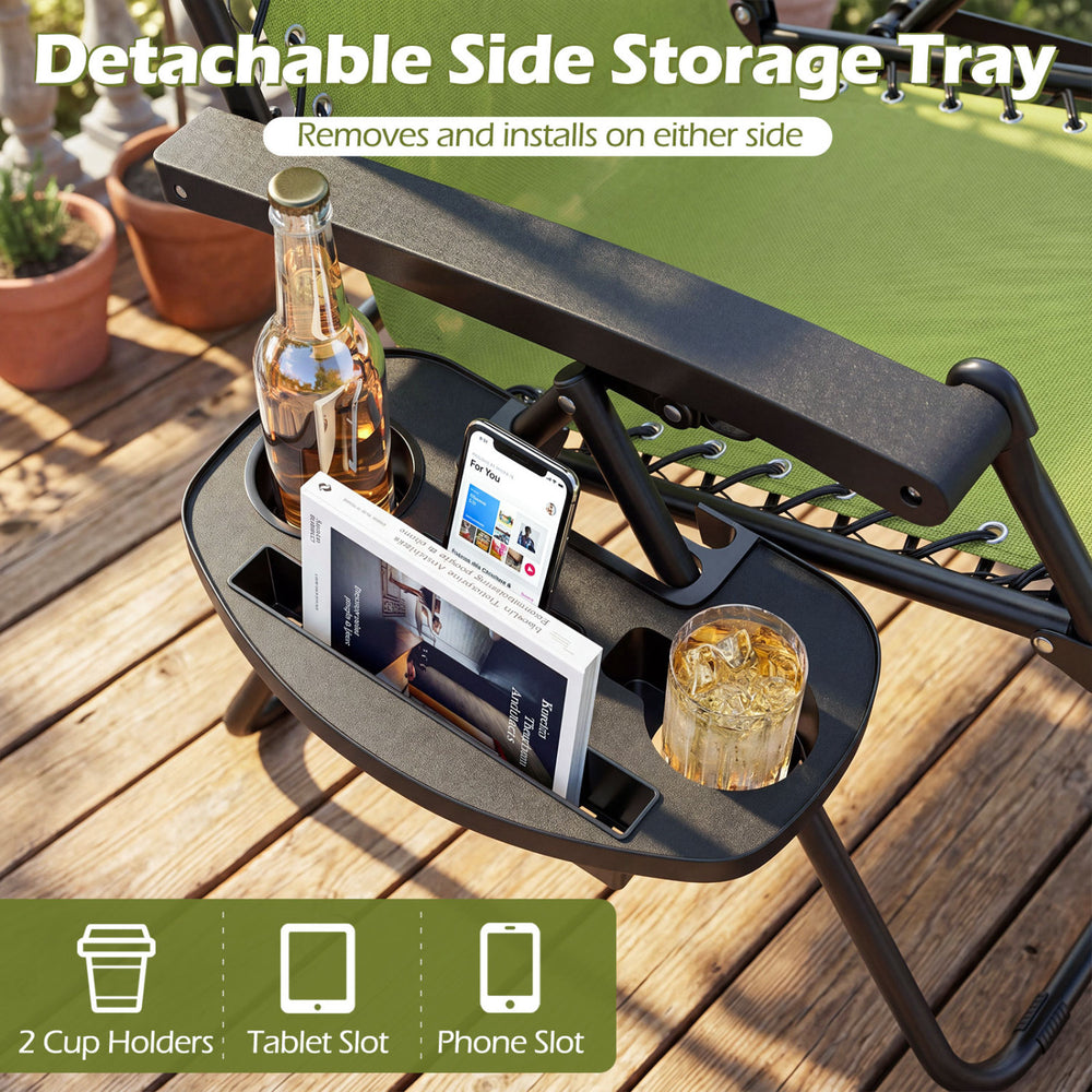 Detachable side storage tray with cup holders and slots for phone and tablet, designed for Portable Zero Gravity Chairs.