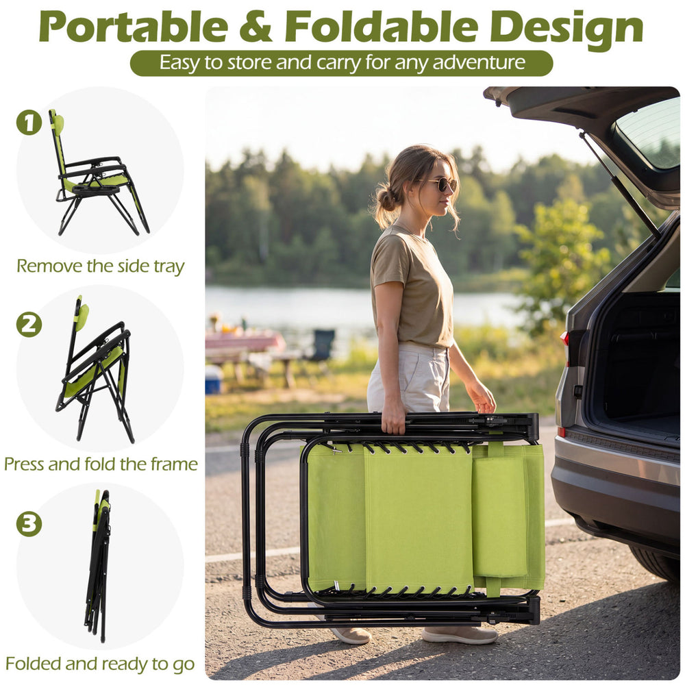 Portable zero gravity chair set in gray, featuring a foldable design and side tray for easy transport and outdoor use.