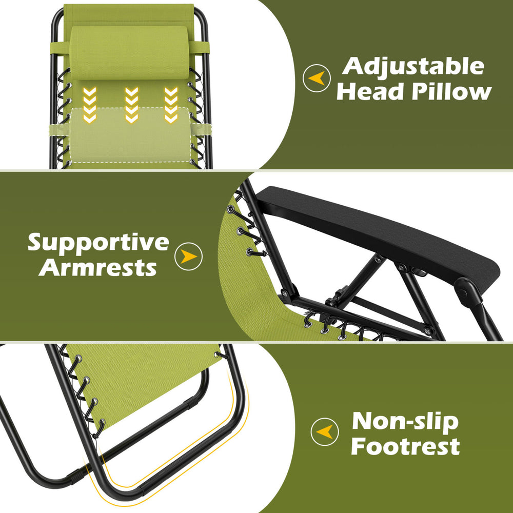 Adjustable head pillow and supportive armrests of portable zero gravity chair set for outdoor relaxation.