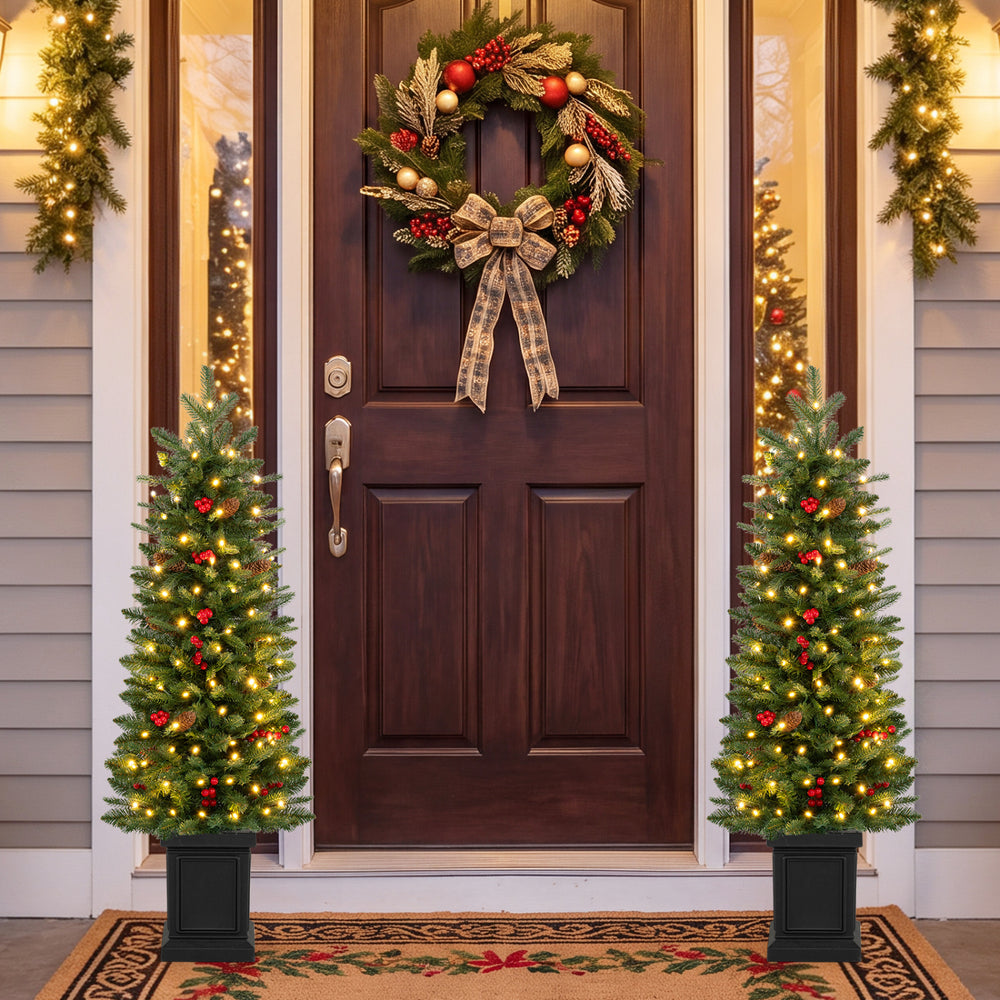 Set of 2 Pre-Lit Potted Artificial Christmas Tree with 100/150/200 Warm White LED Lights-4FT - Gallery View 1 of 6
