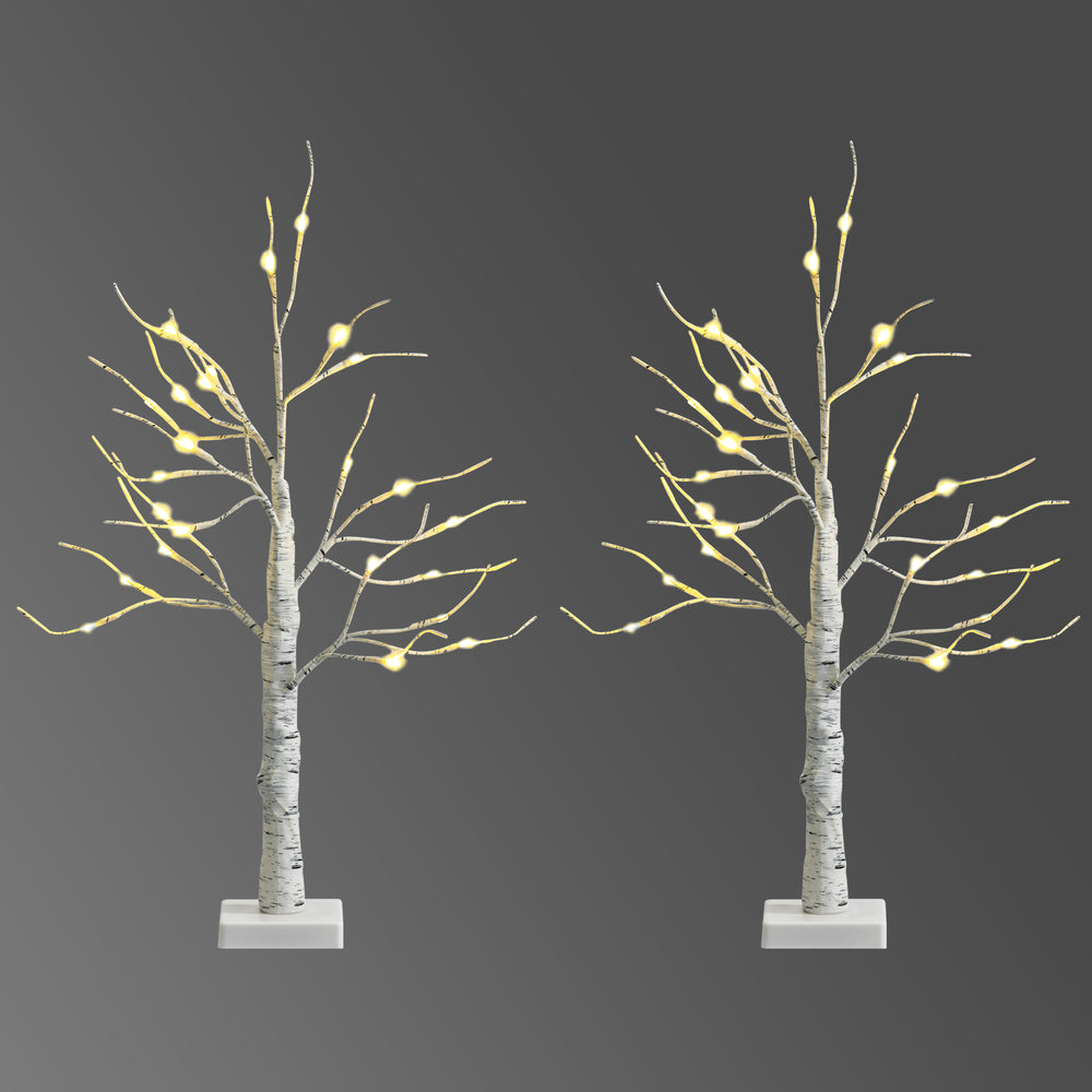 Set of 2 pre-lit white twig birch trees with bendable branches, ideal for Christmas holiday indoor decoration.