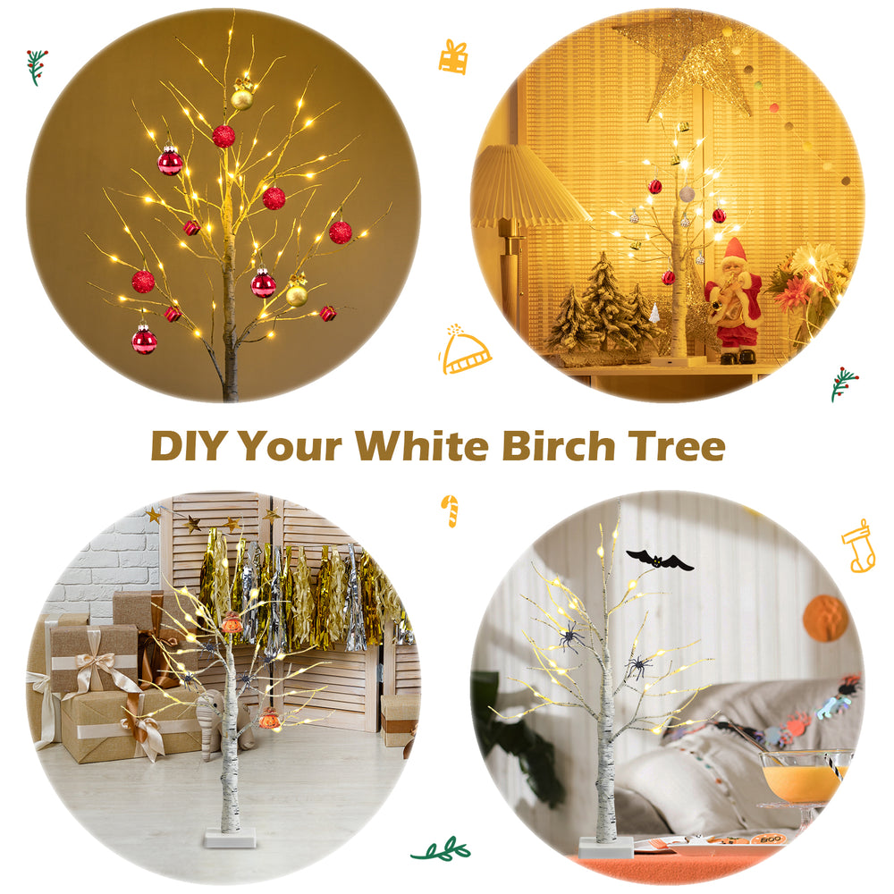 Pre-lit white twig birch tree set with bendable branches, ideal for indoor Christmas decoration and battery-operated.