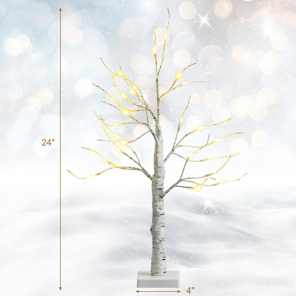 Pre-lit white twig birch tree with bendable branches, 24" tall, ideal for Christmas holiday indoor decoration.