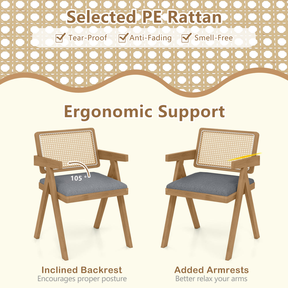 Set of 2 gray rattan accent chairs with padded cushions and rubber wood frame, featuring ergonomic support and armrests.