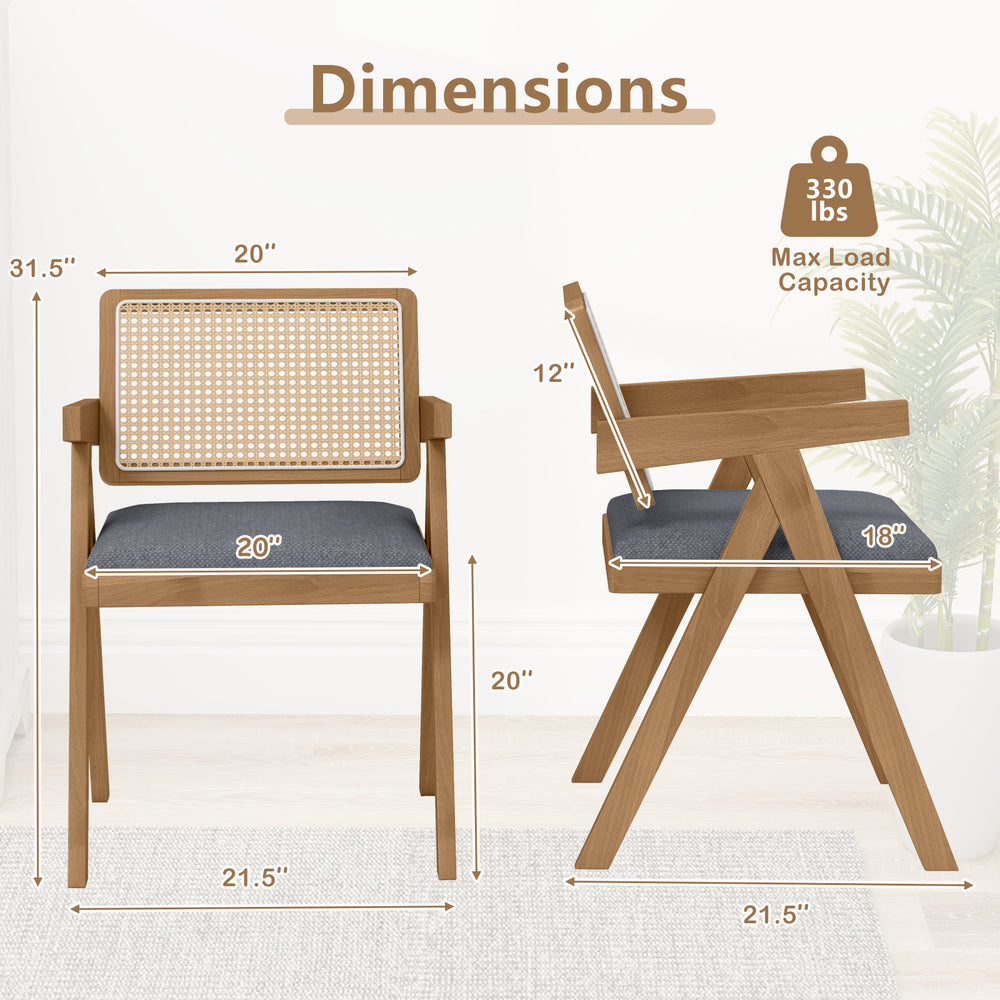 Dimensions of rattan accent chair with padded cushion, rubber wood frame, and a max load capacity of 330 lbs.