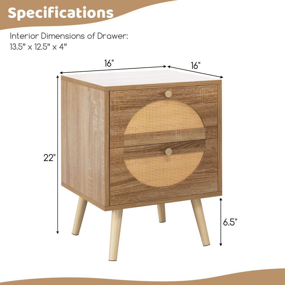 Rattan nightstand with two drawers and solid wood legs, featuring a charming bohemian design for cozy bedroom storage.